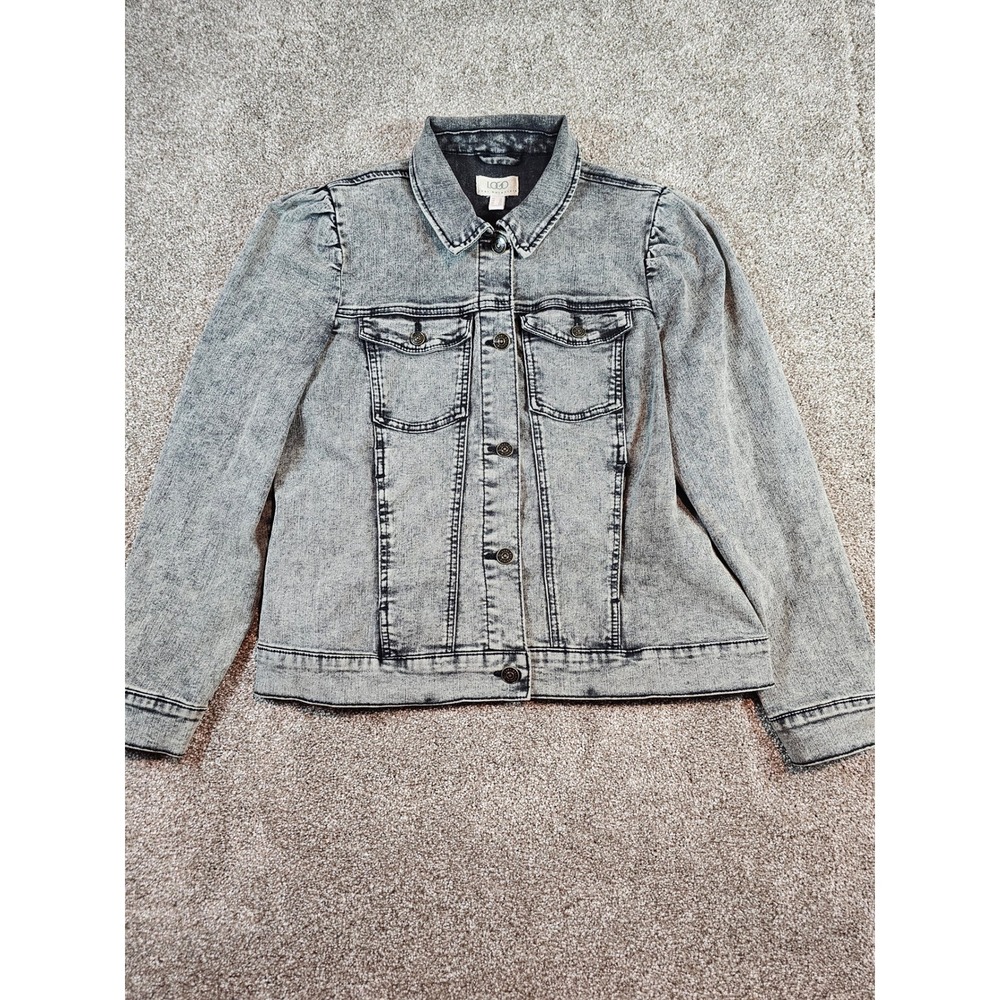 LOGO Lori Goldstein Acid Wash Grey Denim Jacket Puff Shoulder Womens Size 12